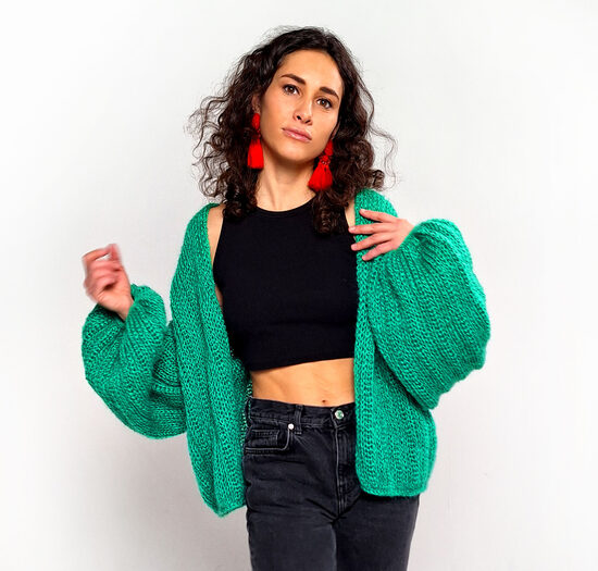Mohair Wool Knit Cardigan: Aquamarine Green Oversized Jacket, Bell Sleeves, code IA20
